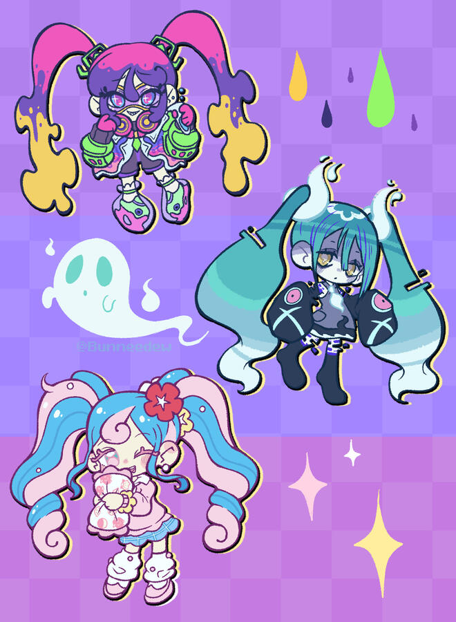 Various cheebs of Hastune Miku's designs from Project VOLTAGE